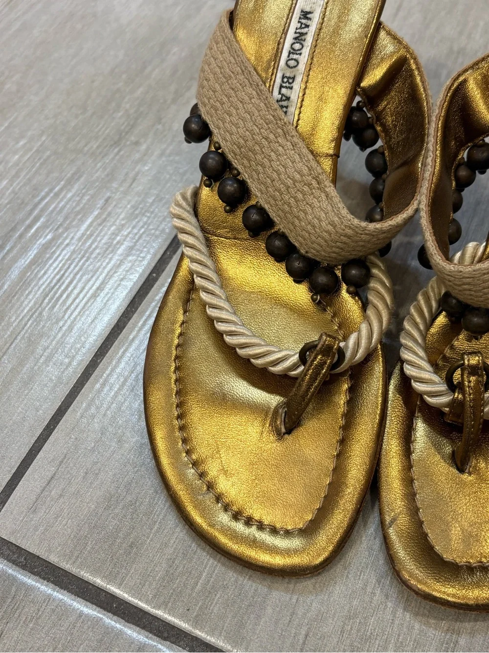 Manolo Blahnik Gold Rope-Trim Slide Sandals